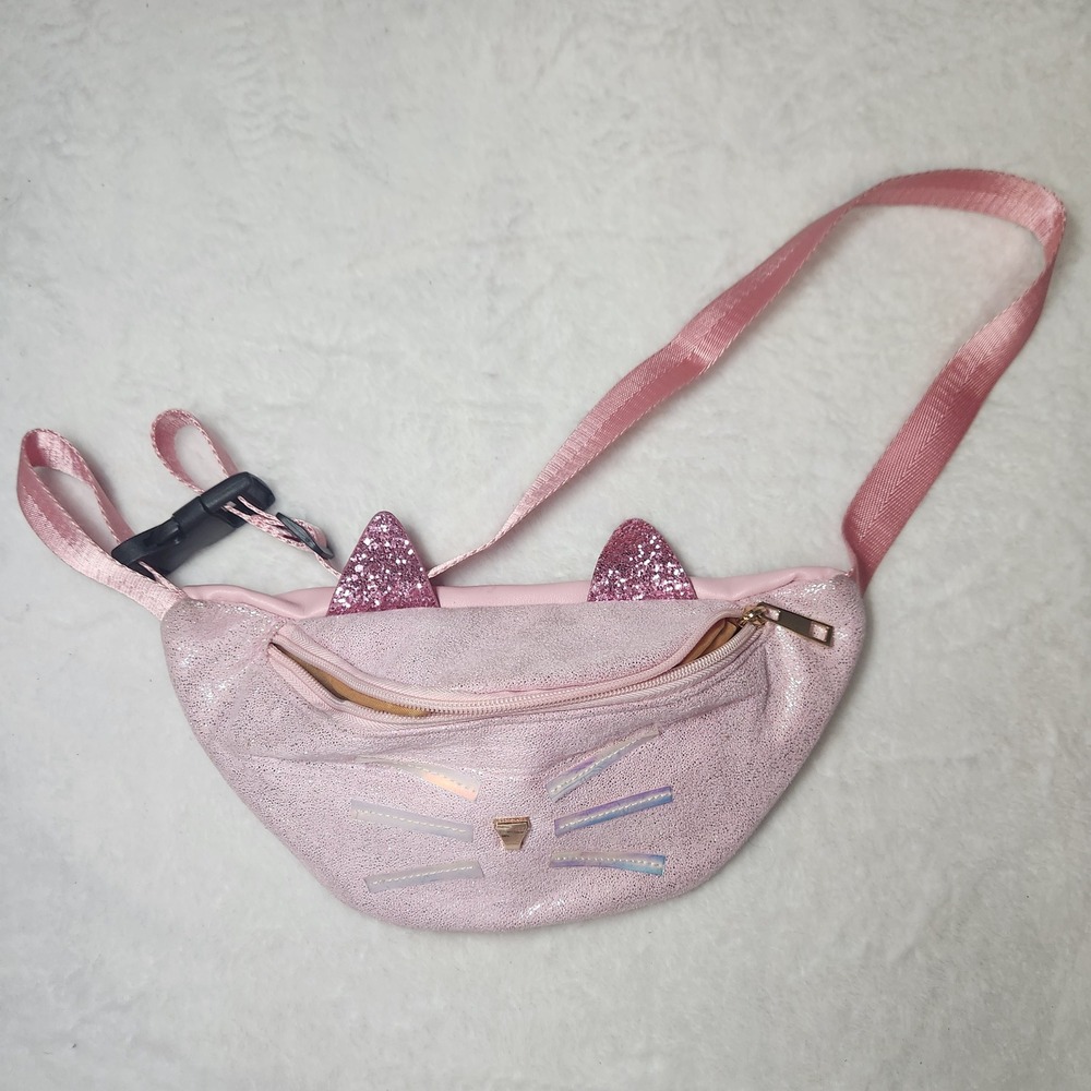 Pink Glitter Cat Waist Bag Feline Novelty Fanny Pack Iridescent Whiskers Fairy